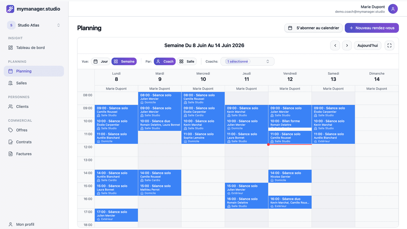 Planning hebdomadaire d'un coach dans MyManager.studio : séances en salle, à domicile et en extérieur