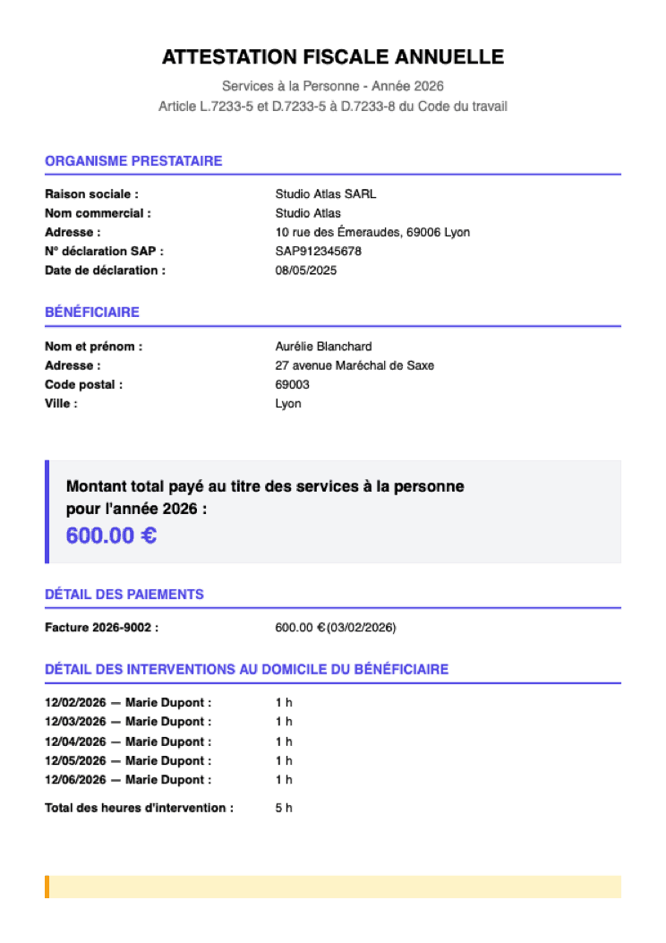 Attestation fiscale annuelle Services à la Personne générée par MyManager.studio