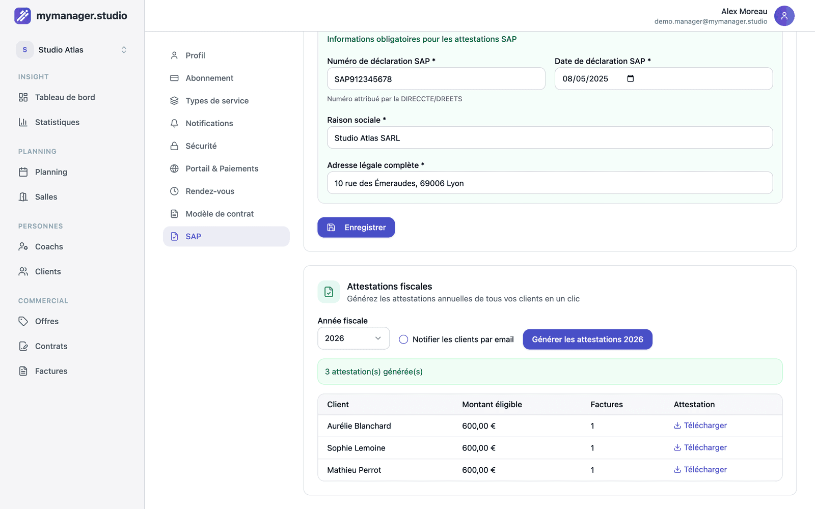 Génération des attestations fiscales SAP dans MyManager.studio : tous les clients en un clic